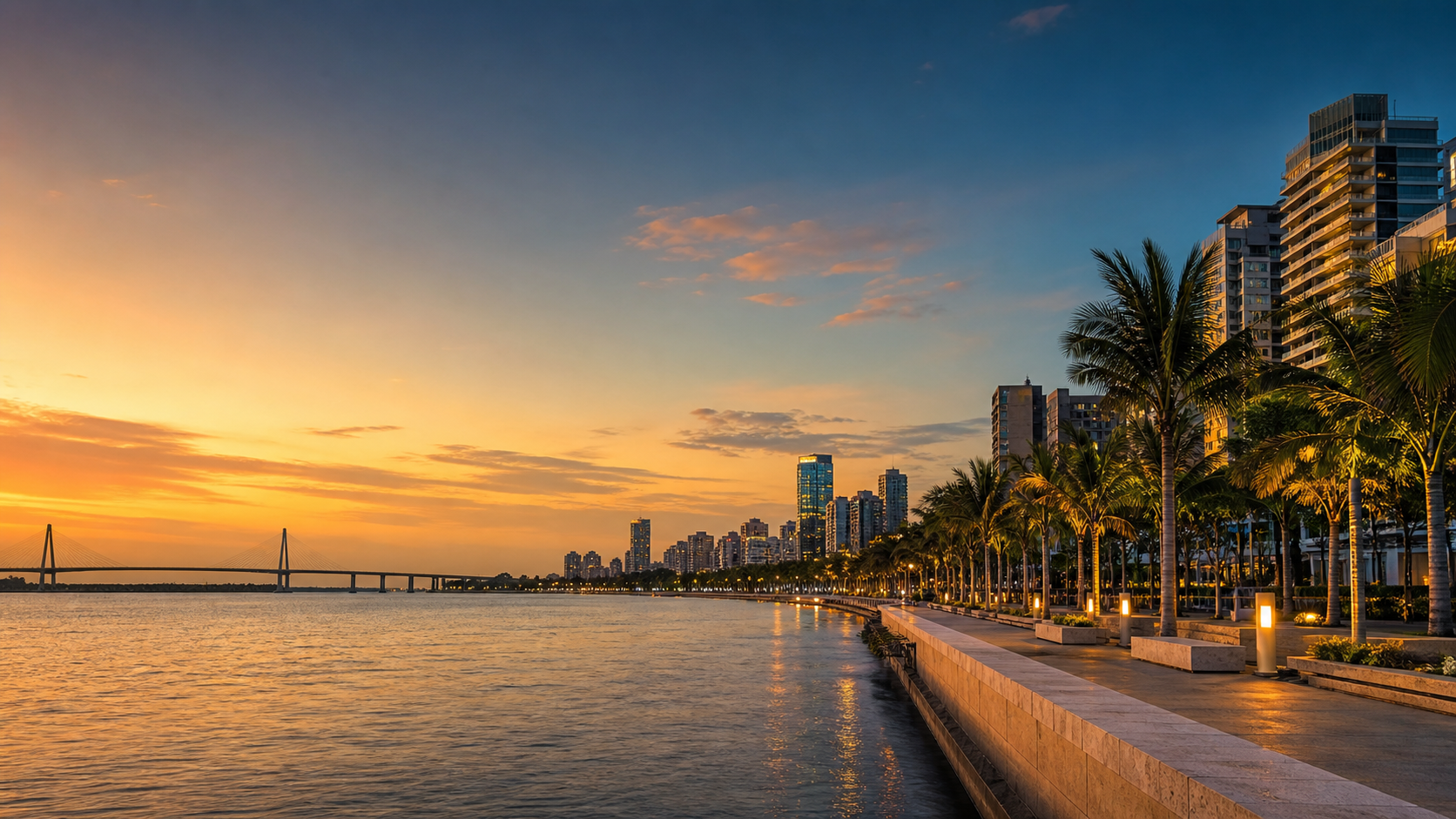 Gran Malecón, río Magdalena, skyline y Puente Pumarejo de Barranquilla al atardecer